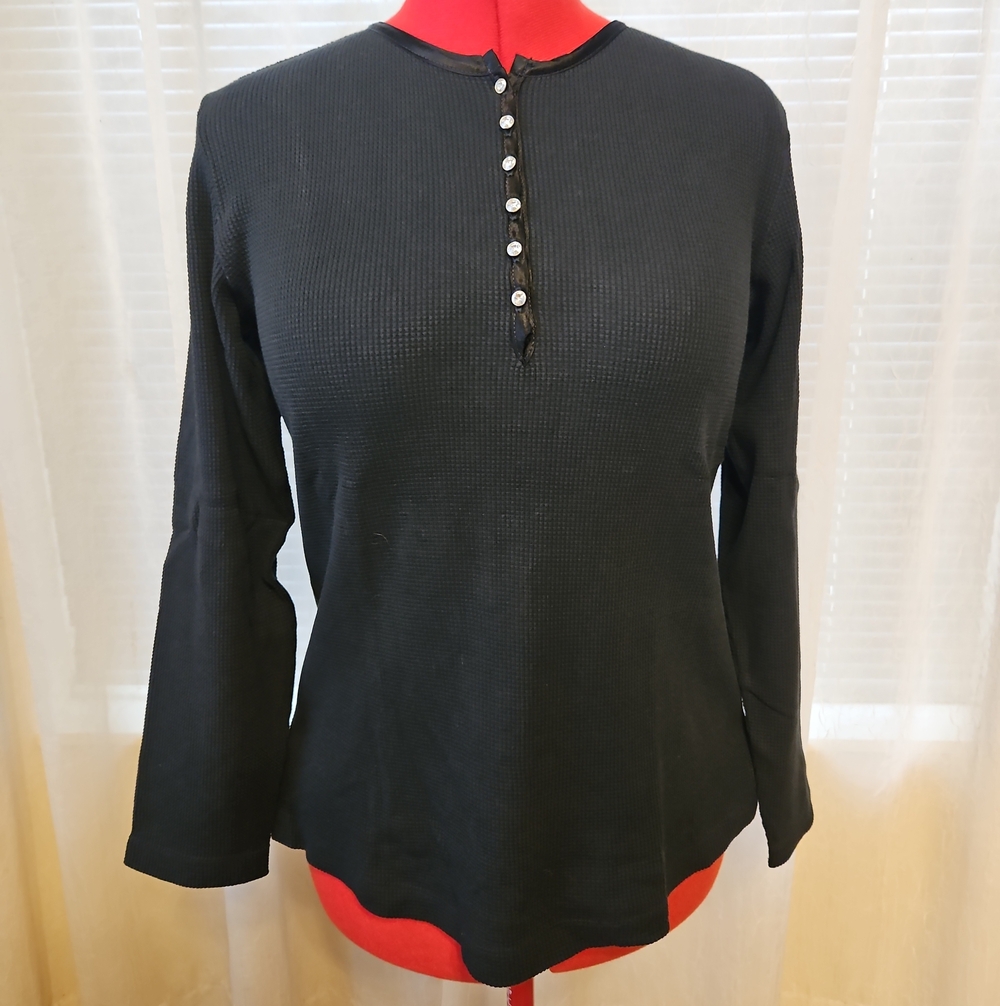 Quacker Factory Black Henley Waffle Long Sleeve Top